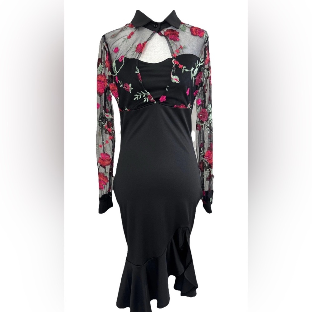 Dark Romantic fairy Sheer Floral Embroidered Black Ruffle Dress Women’s Medium